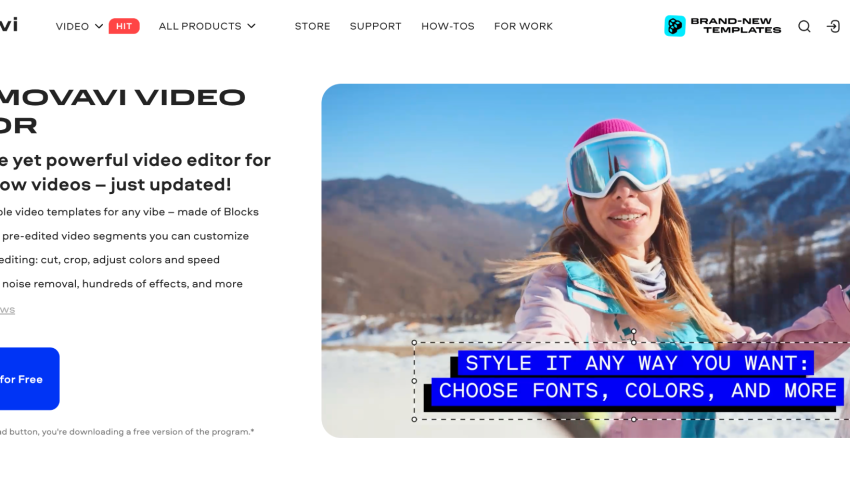 Movavi Video Editor 2027 website showing adjustable video templates and Blocks