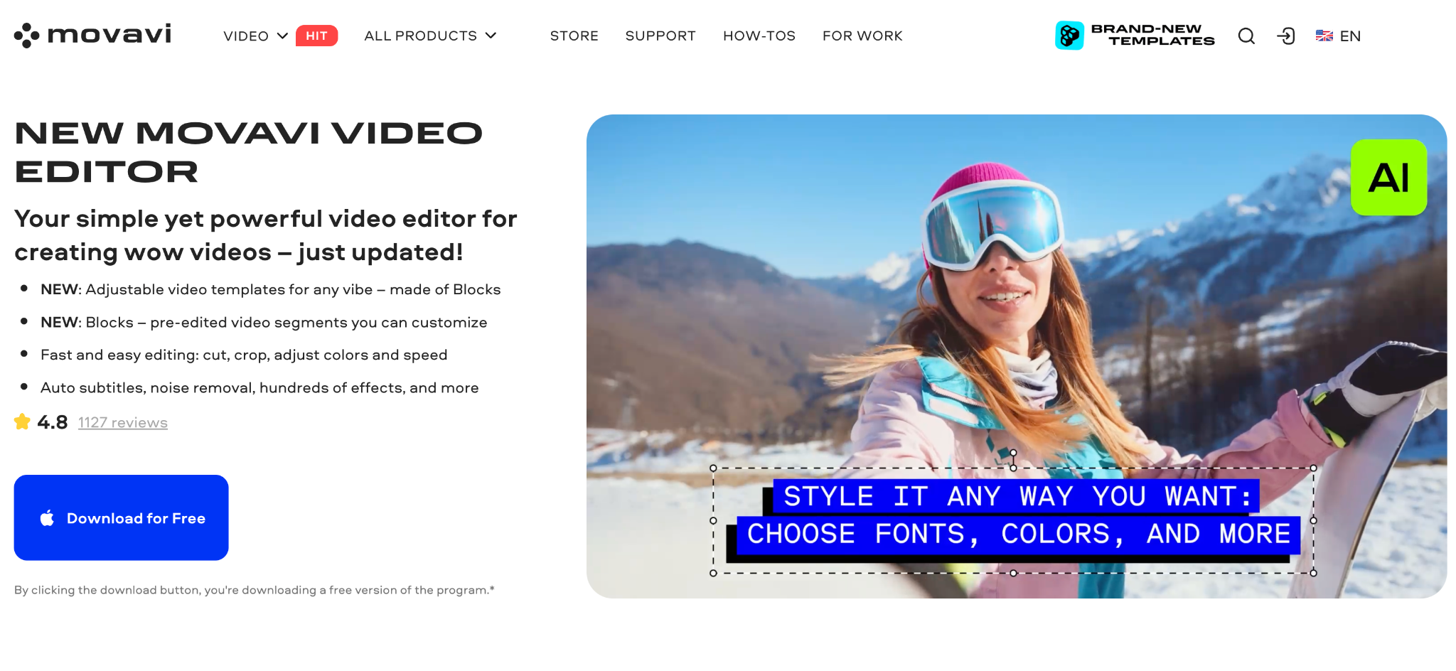 Movavi Video Editor 2027 website showing adjustable video templates and Blocks