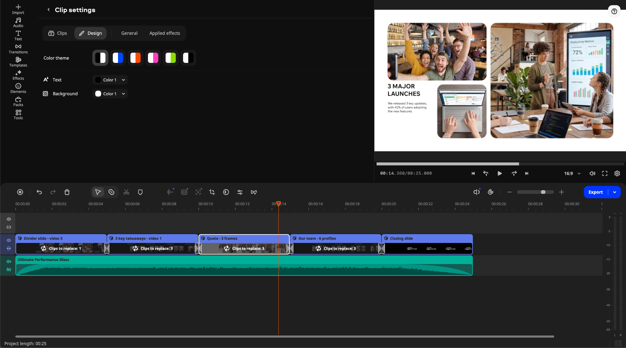 Movavi Video Editor timeline with template Blocks and clip design settings