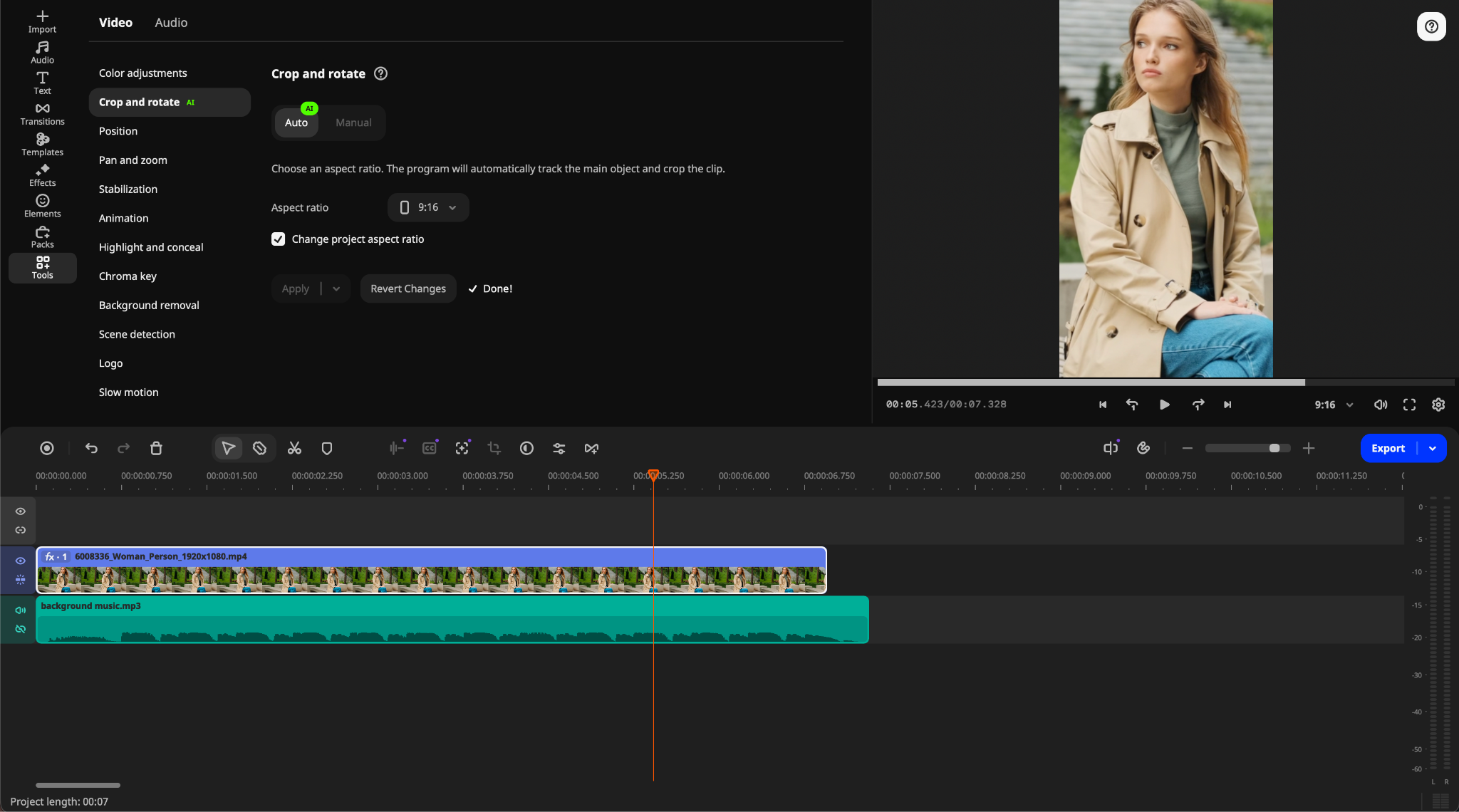 Auto crop settings in Movavi Video Editor with a vertical preview of a woman