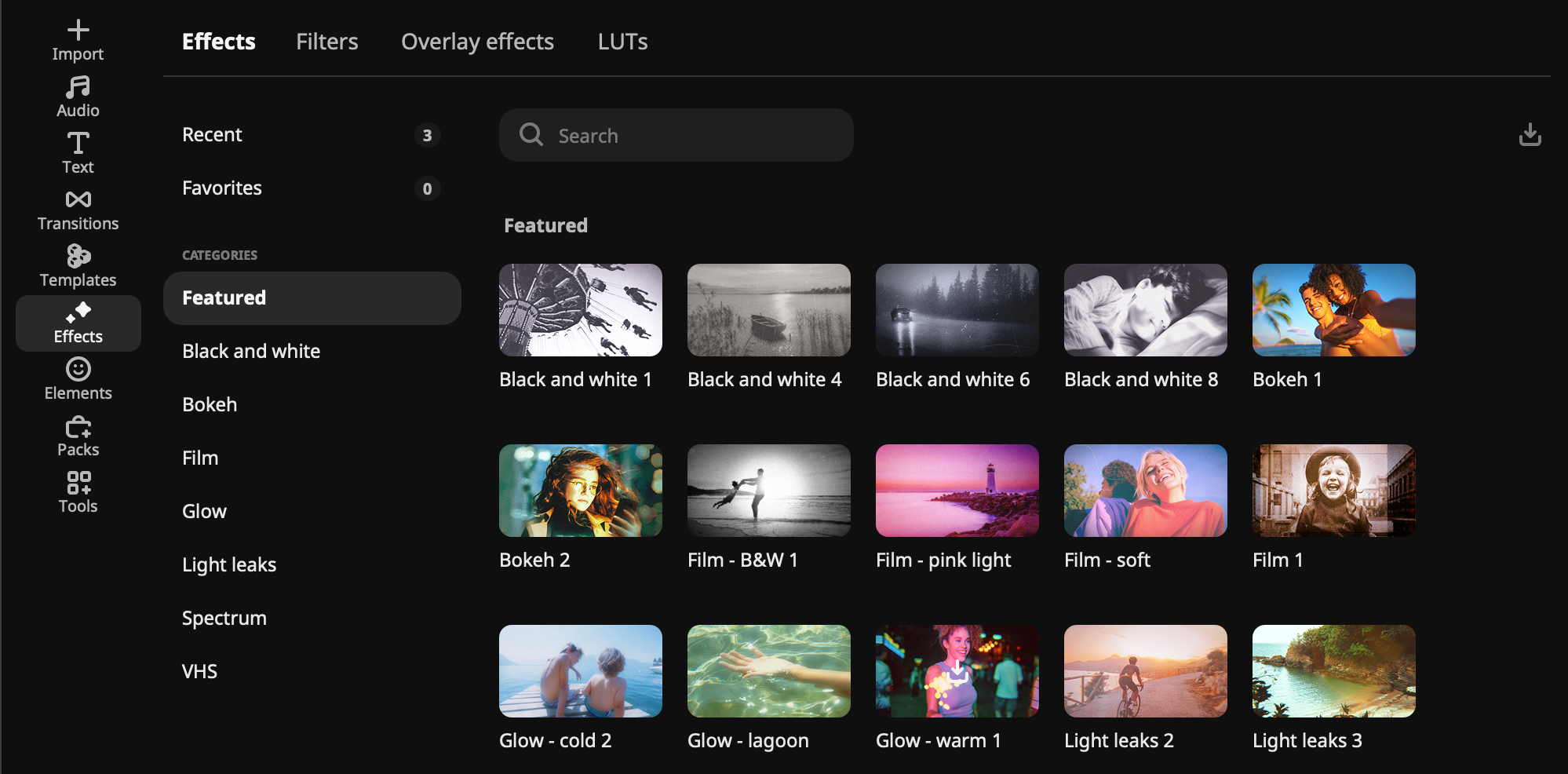 Movavi Video Editor effects panel displaying filters and overlay previews