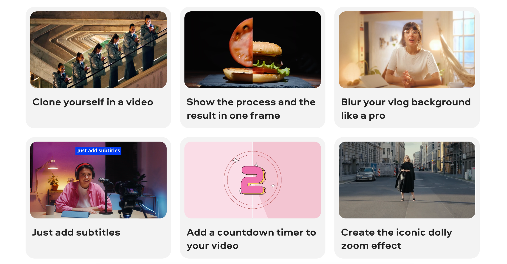 Movavi Ideas tutorial cards for cloning, captions, countdowns and dolly zoom effects