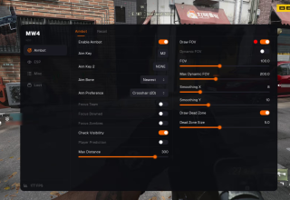 MW4 aimbot settings showing FOV, smoothing, aim bone and visibility controls