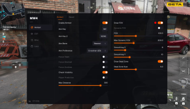 MW4 aimbot settings showing FOV, smoothing, aim bone and visibility controls