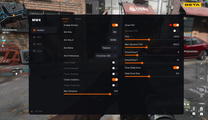 MW4 aimbot settings showing FOV, smoothing, aim bone and visibility controls