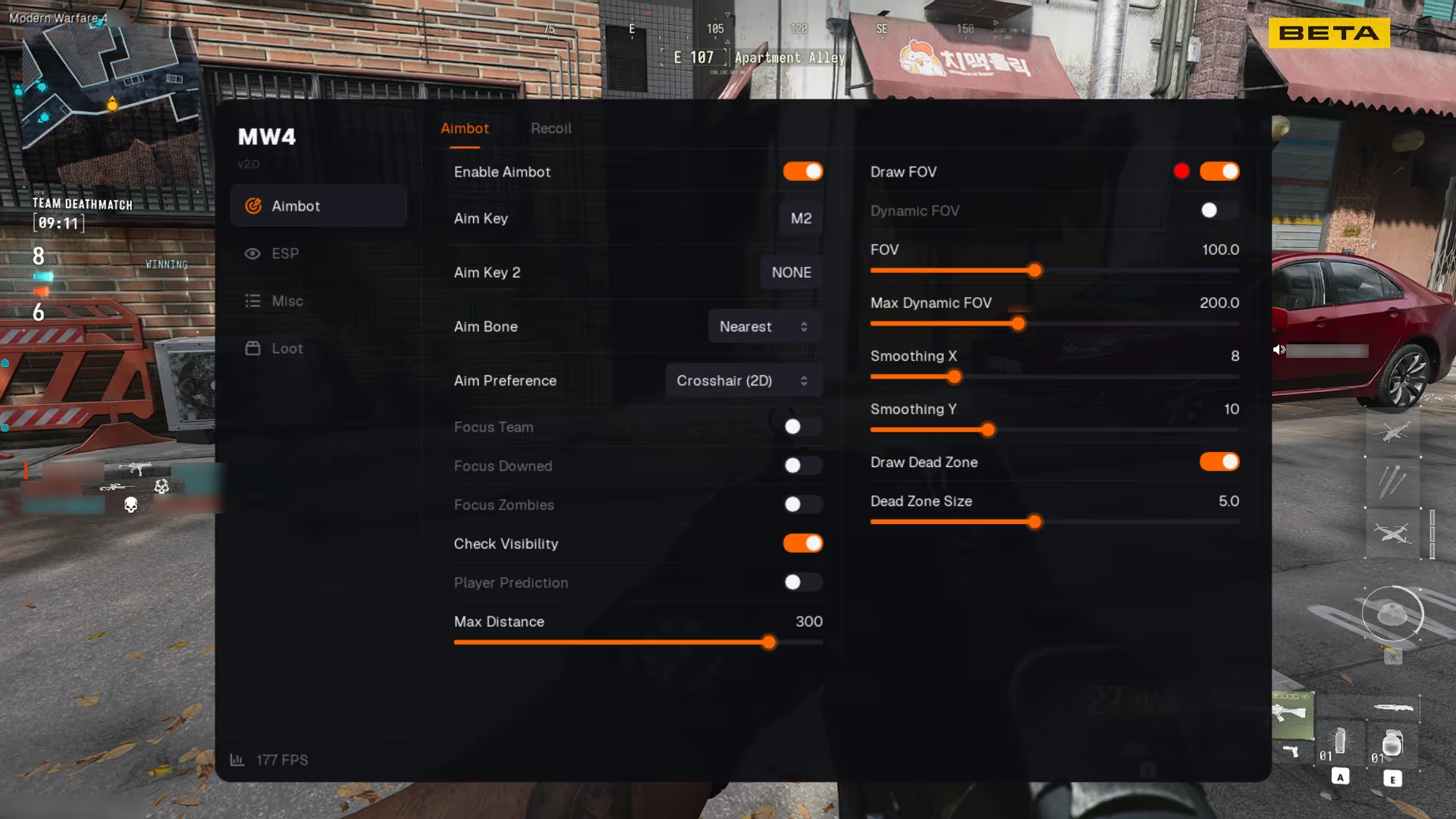 MW4 aimbot settings showing FOV, smoothing, aim bone and visibility controls