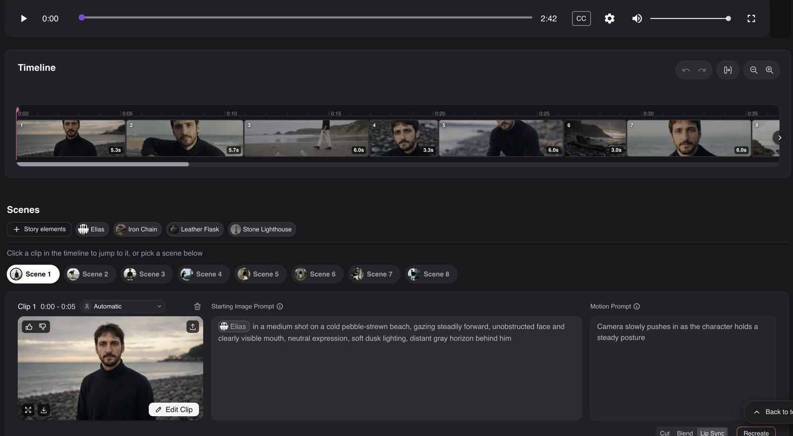 Neural Frames Autopilot timeline showing video clips, a character reference, and image and motion prompt fields.