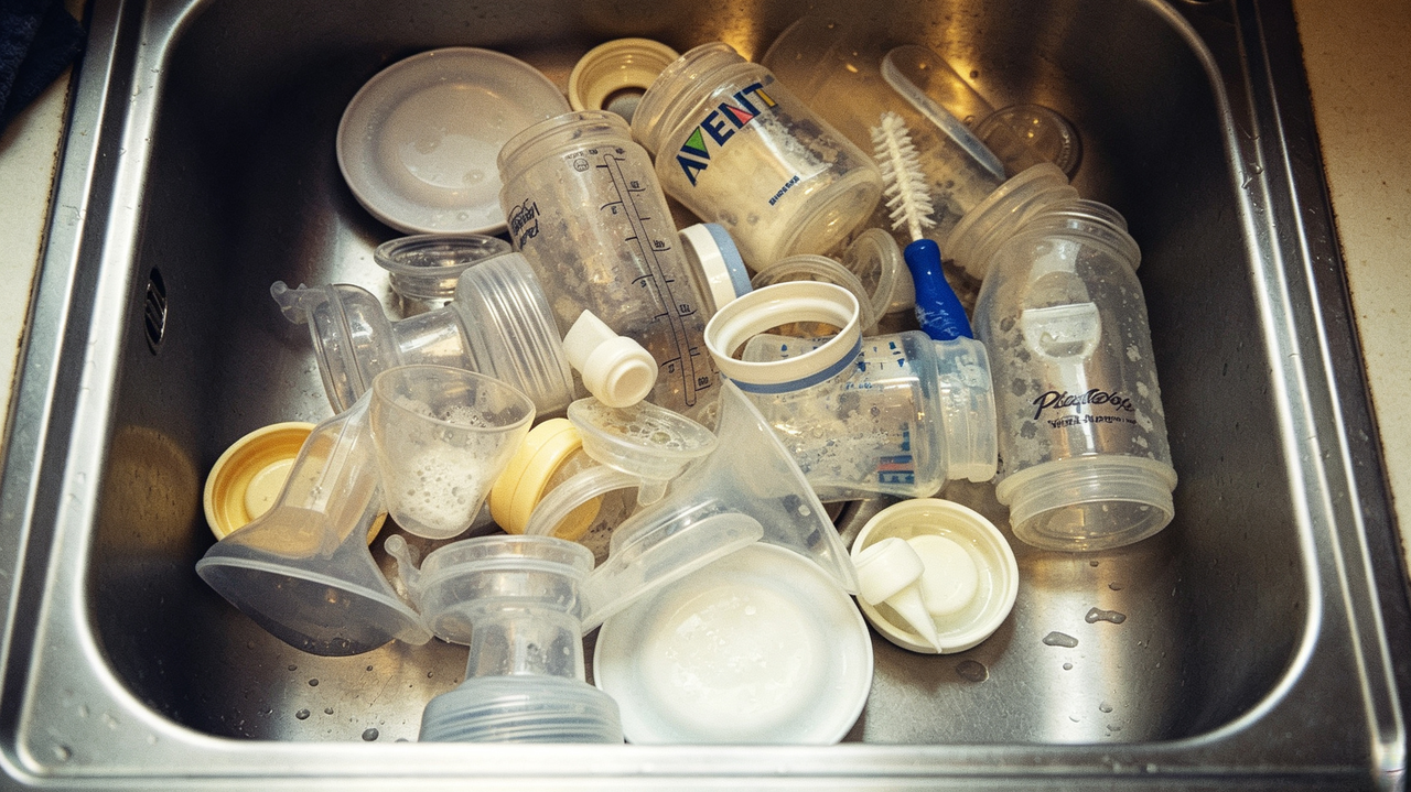 Sink full of dirty baby bottles and breast pump parts waiting for hand washing