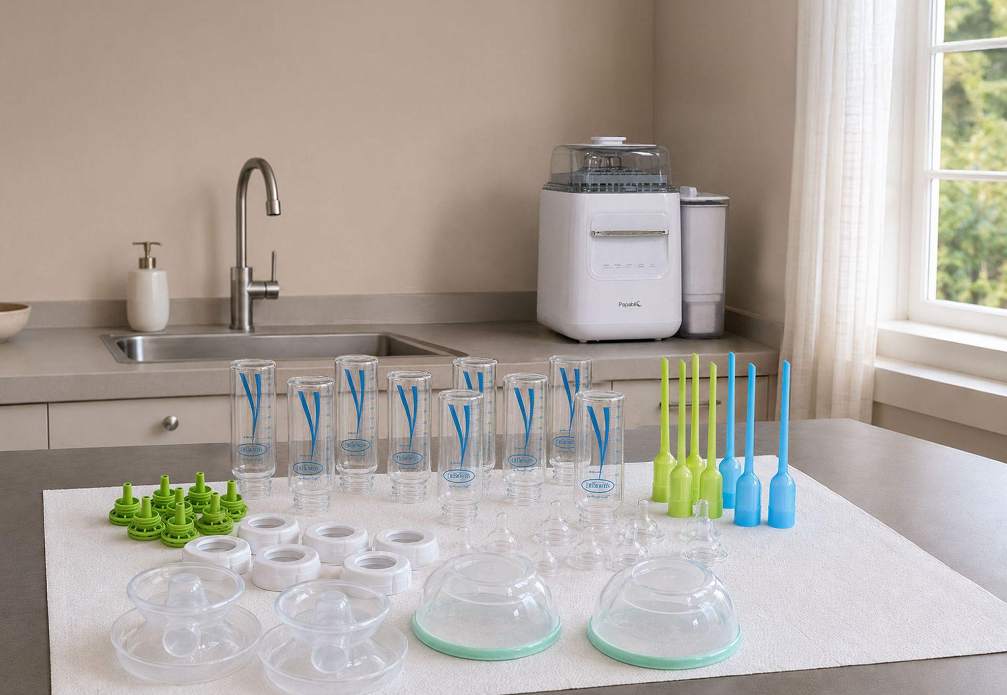 Clean baby bottles and pump accessories washed by Papablic P8Plus bottle washer