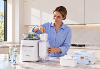 Mom installs replacement water filter on Papablic SafeguardPlus P8Plus baby bottle washer system for cleaner baby bottle washing and less limescale