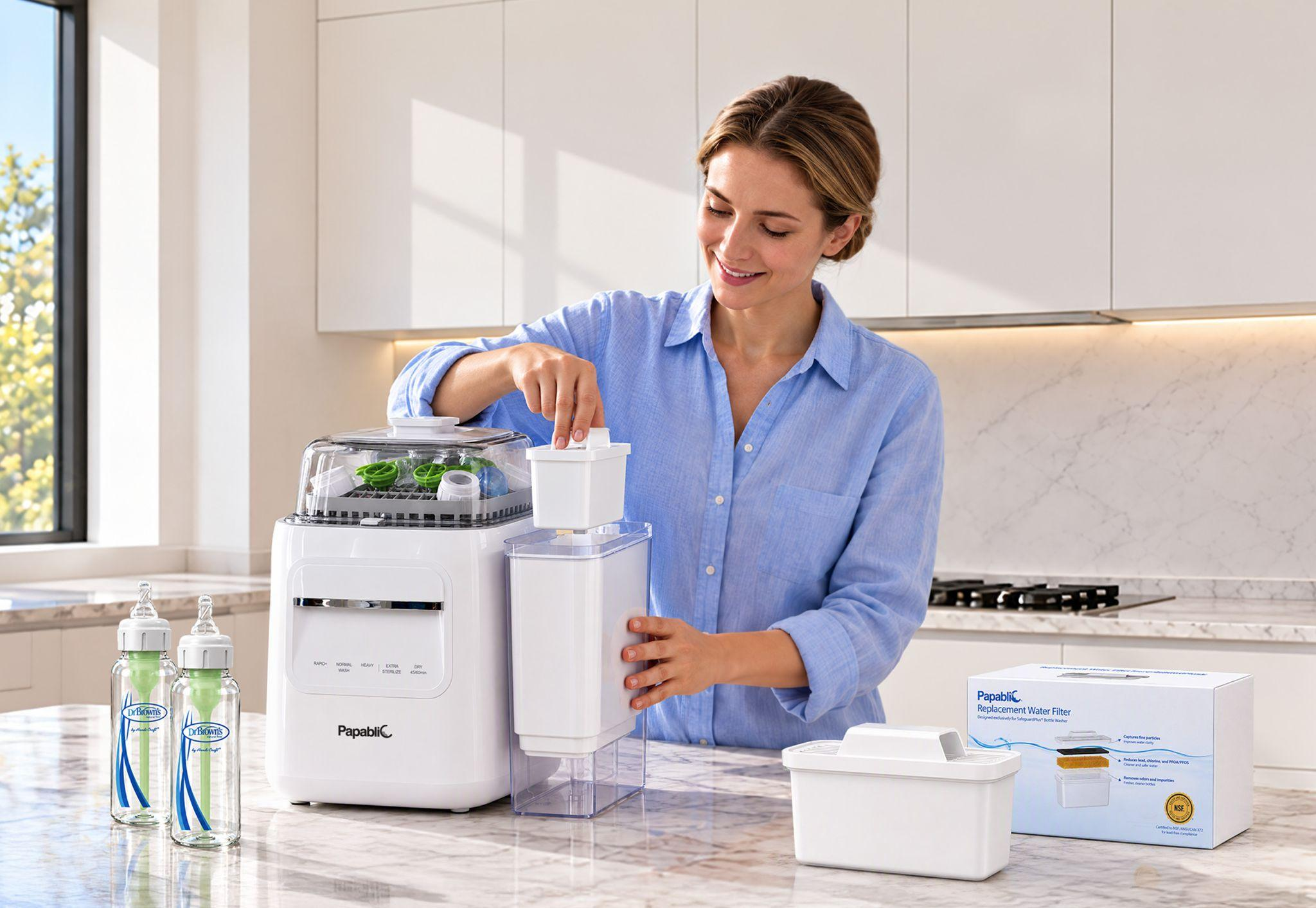 Mom installs replacement water filter on Papablic SafeguardPlus P8Plus baby bottle washer system for cleaner baby bottle washing and less limescale