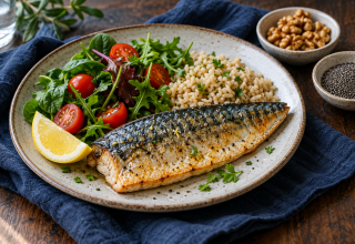 Cooked mackerel with rice, leafy salad and lemon, beside bowls of walnuts and chia seeds