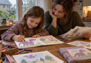 A child draws a purple dragon in a handmade storybook beside a parent on a rainy afternoon.