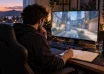 Gamer reviewing a practice notebook beside a PC before a competitive gaming session
