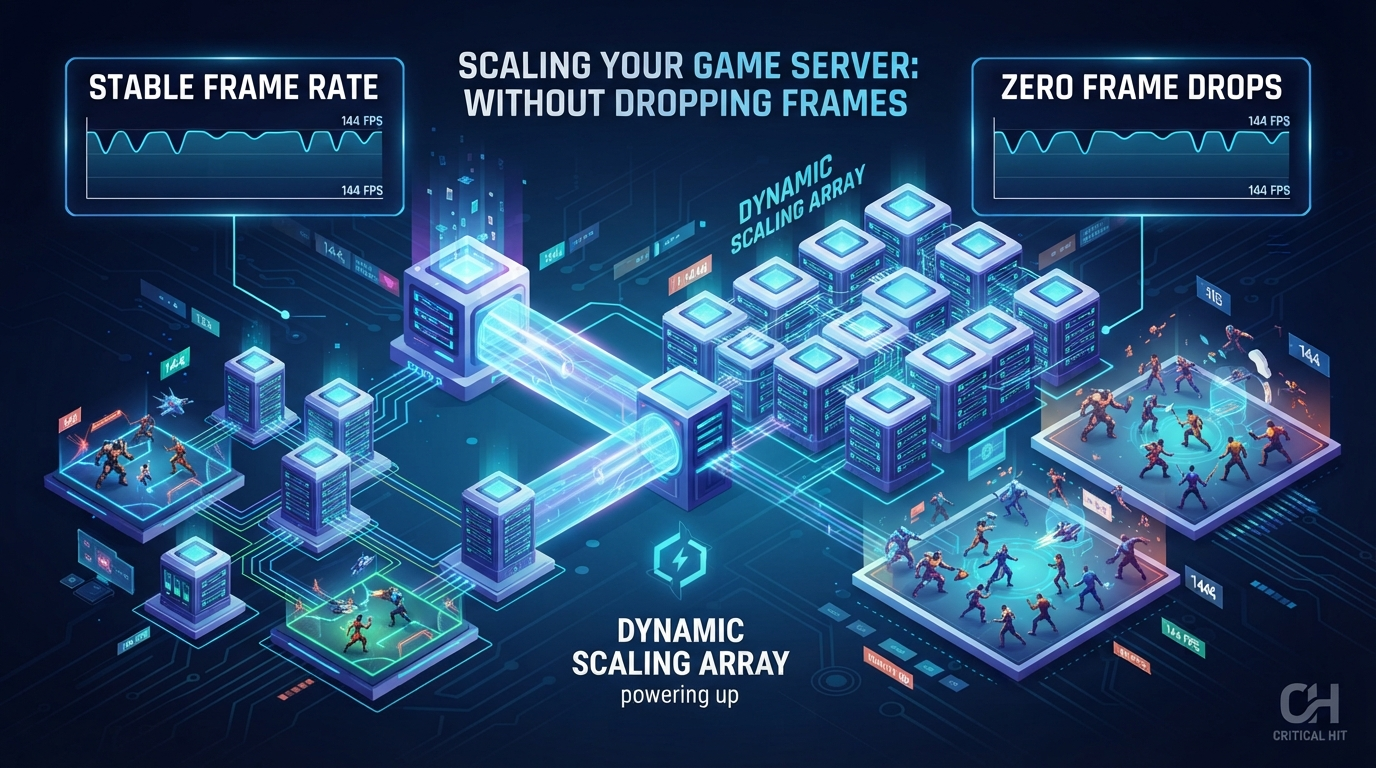 Illustrated multiplayer game server fleet connected to several groups of players.