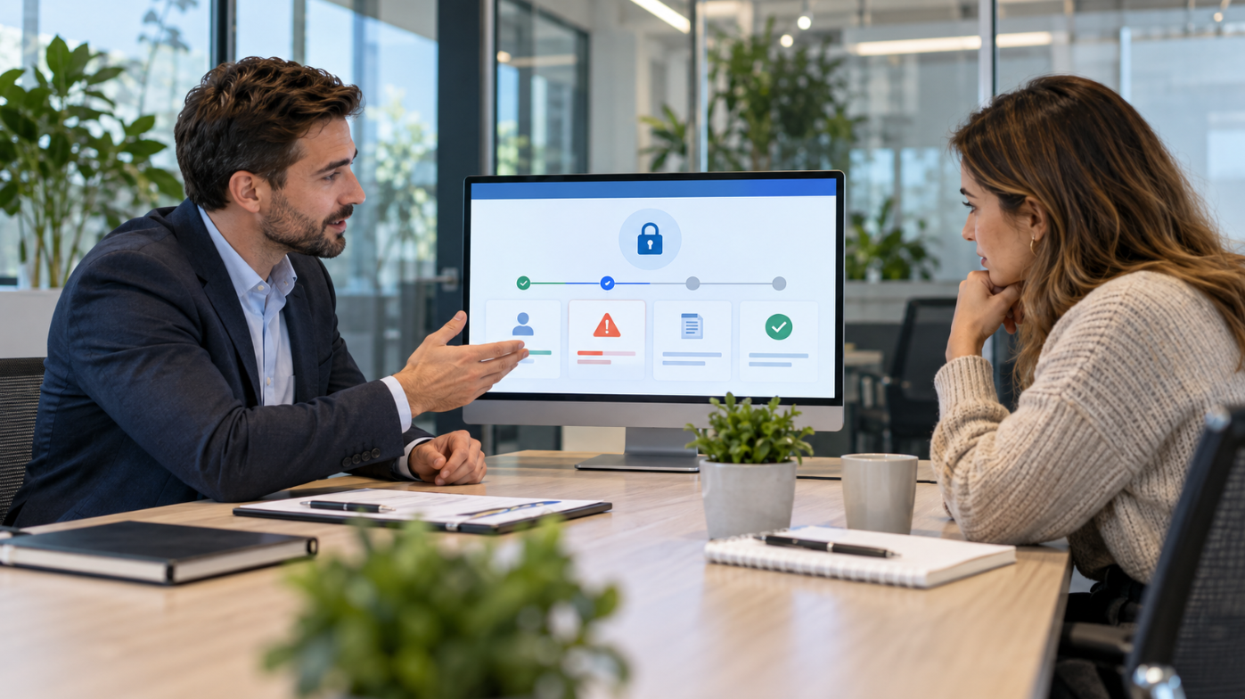 Two people discussing account recovery beside a desktop monitor