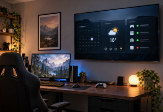 Wall-mounted spare TV showing calendar, weather and server-status panels above a gaming desk