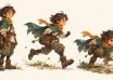 A stylised forest courier with a teal cape and amber scarf, shown standing, running and landing.