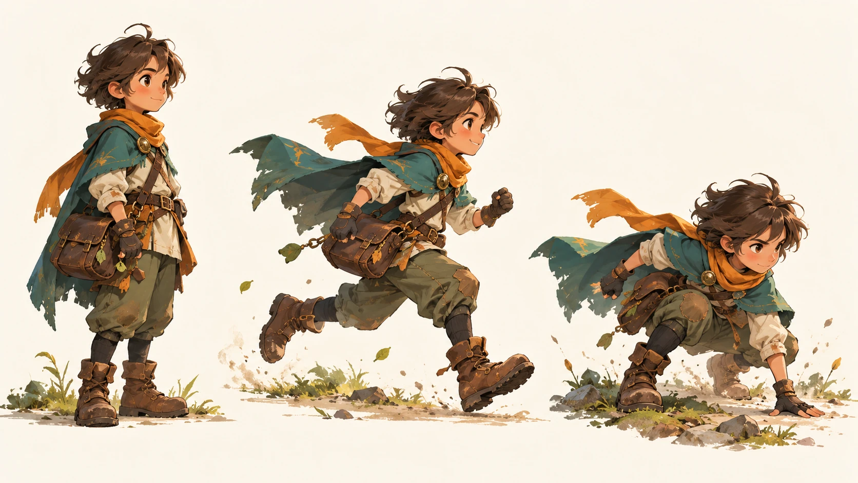 A stylised forest courier with a teal cape and amber scarf, shown standing, running and landing.