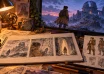 Storyboard sketches and an original explorer character beside a cinematic view of a ruined observatory