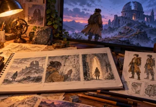 Storyboard sketches and an original explorer character beside a cinematic view of a ruined observatory