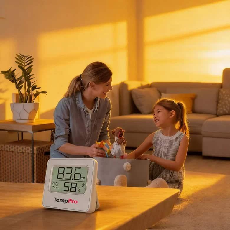 TempPro hygrometer on a wooden coffee table with an adult and child in the living room
