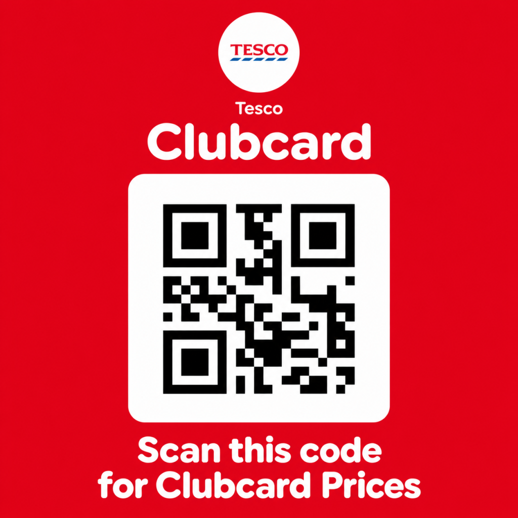 Tesco Clubcard QR Code on a red background with the message “Scan this code for Clubcard Prices”.