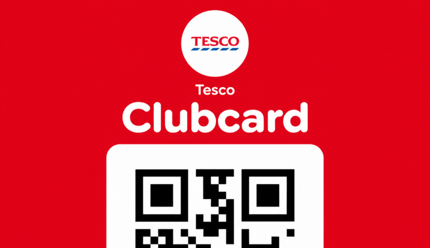 Tesco Clubcard QR Code on a red background with the message “Scan this code for Clubcard Prices”.