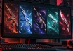 Concept illustration of five futuristic weapon cosmetics displayed on a gaming monitor.