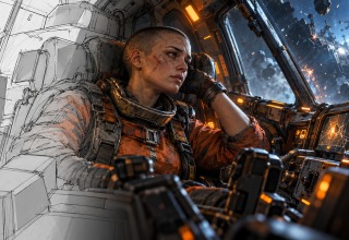 A sci-fi pilot and spacecraft cockpit transitioning from storyboard sketches into detailed cinematic concept art.