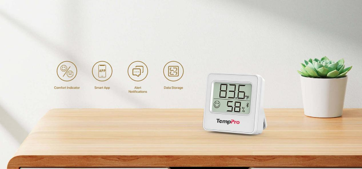 TempPro hygrometer on a wooden tabletop displaying temperature and relative humidity